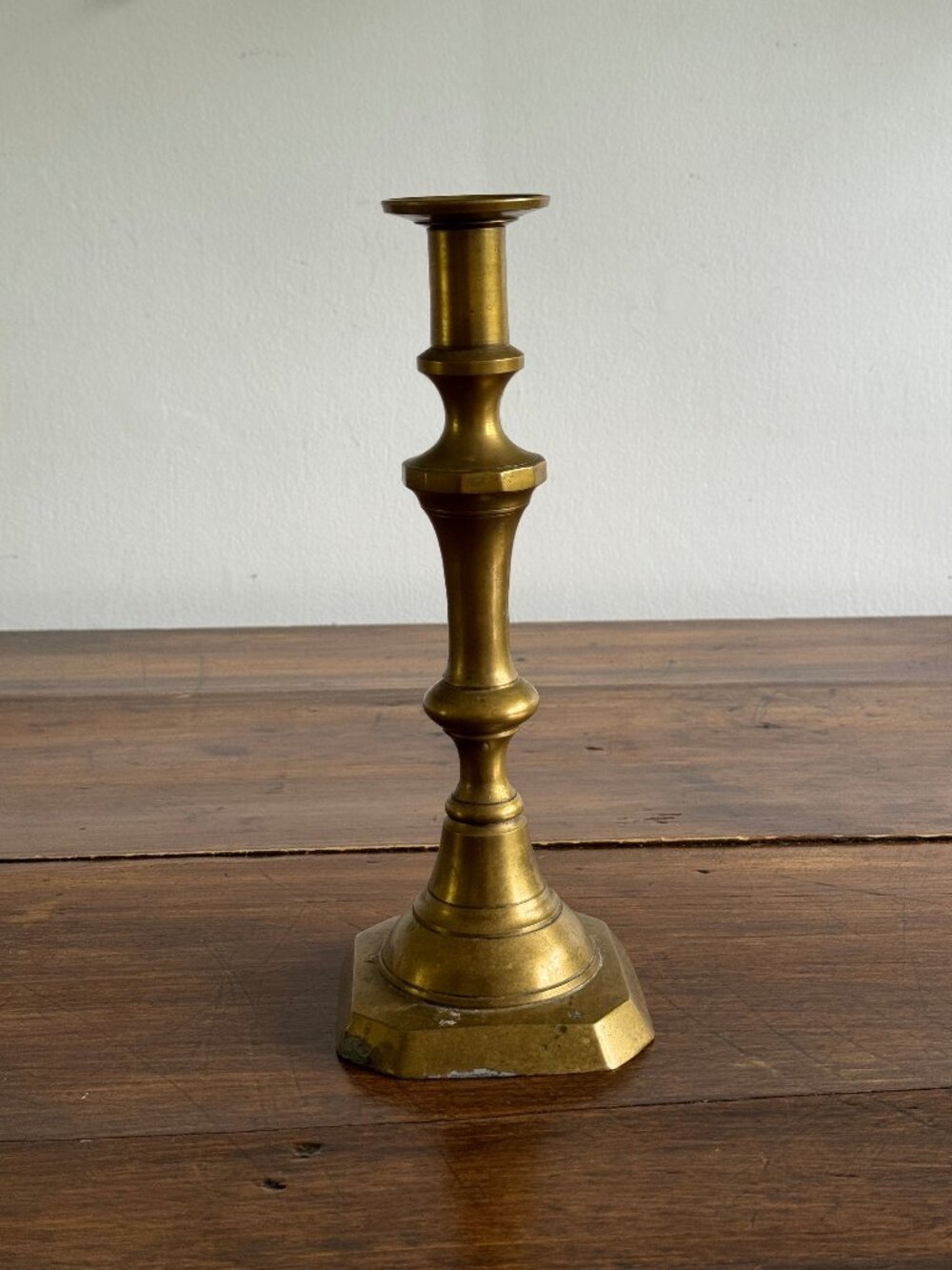 Single Large Brass Candlestick with Squared Base and Simple Fluted Post